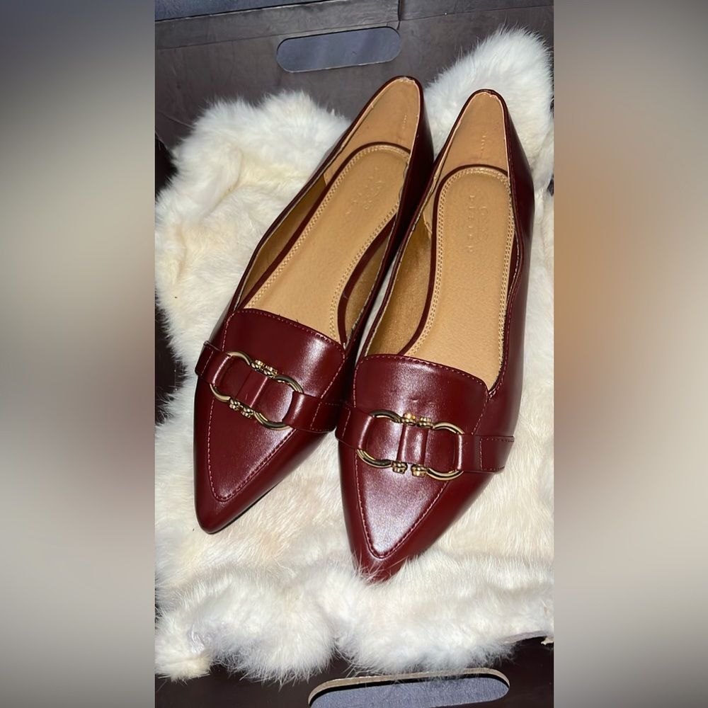 Chic Old Money Burgundy Pointed Toe Flats W/ Horse bit Gold Hardware Sz 7